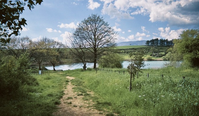 Giulianello Lake, with blue sky and gree grass and some trees