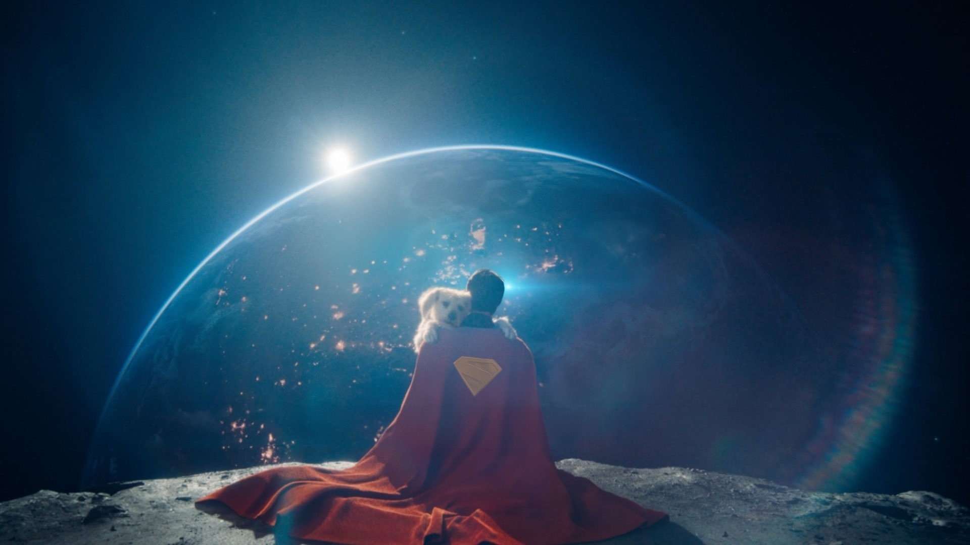 Superman hugging Krypto the dog on the Moon. The Earth is on the background.