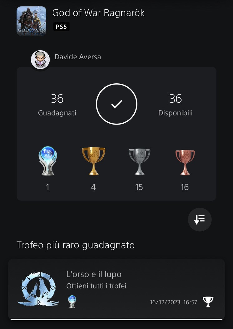 My PS5 trophy page showing a beautiful platinum trophy for God of War: Ragnarok.