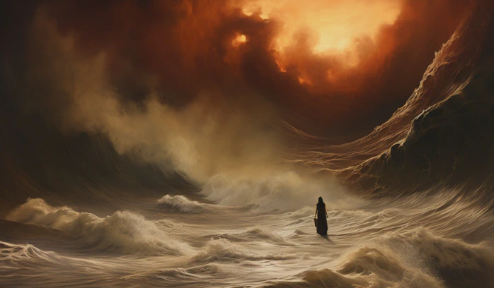 A human figure standing in the middle of thundering waves and a sky of flames.