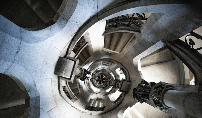 A confusing and long staircase.