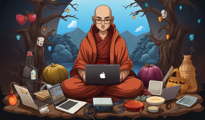 A monk meditating on software and applications.