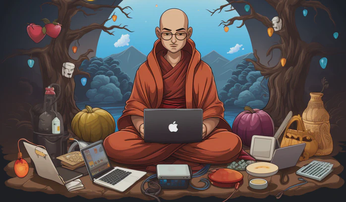 A monk meditating on software and applications.