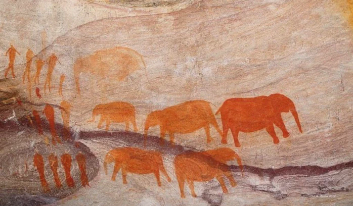 A prehistoric graffiti representing flock of preistoric elephants, from the Cederberg Conservacy in South Africa.