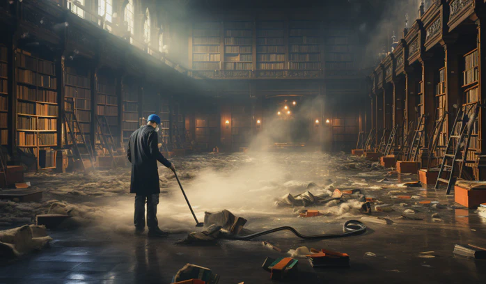 A man cleaning a large, empty, dirty, library.