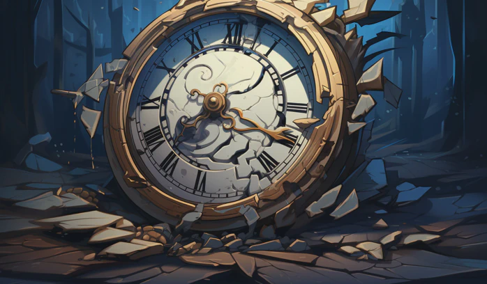 A broken clock shattered on the ground. The style is cartoonish. : 