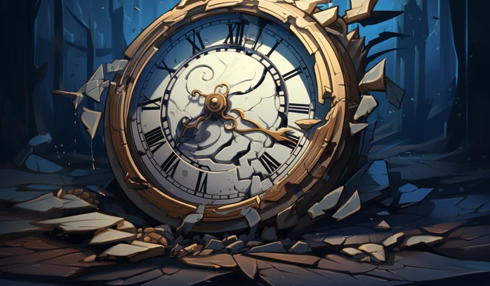 A broken clock shattered on the ground. The style is cartoonish. : 